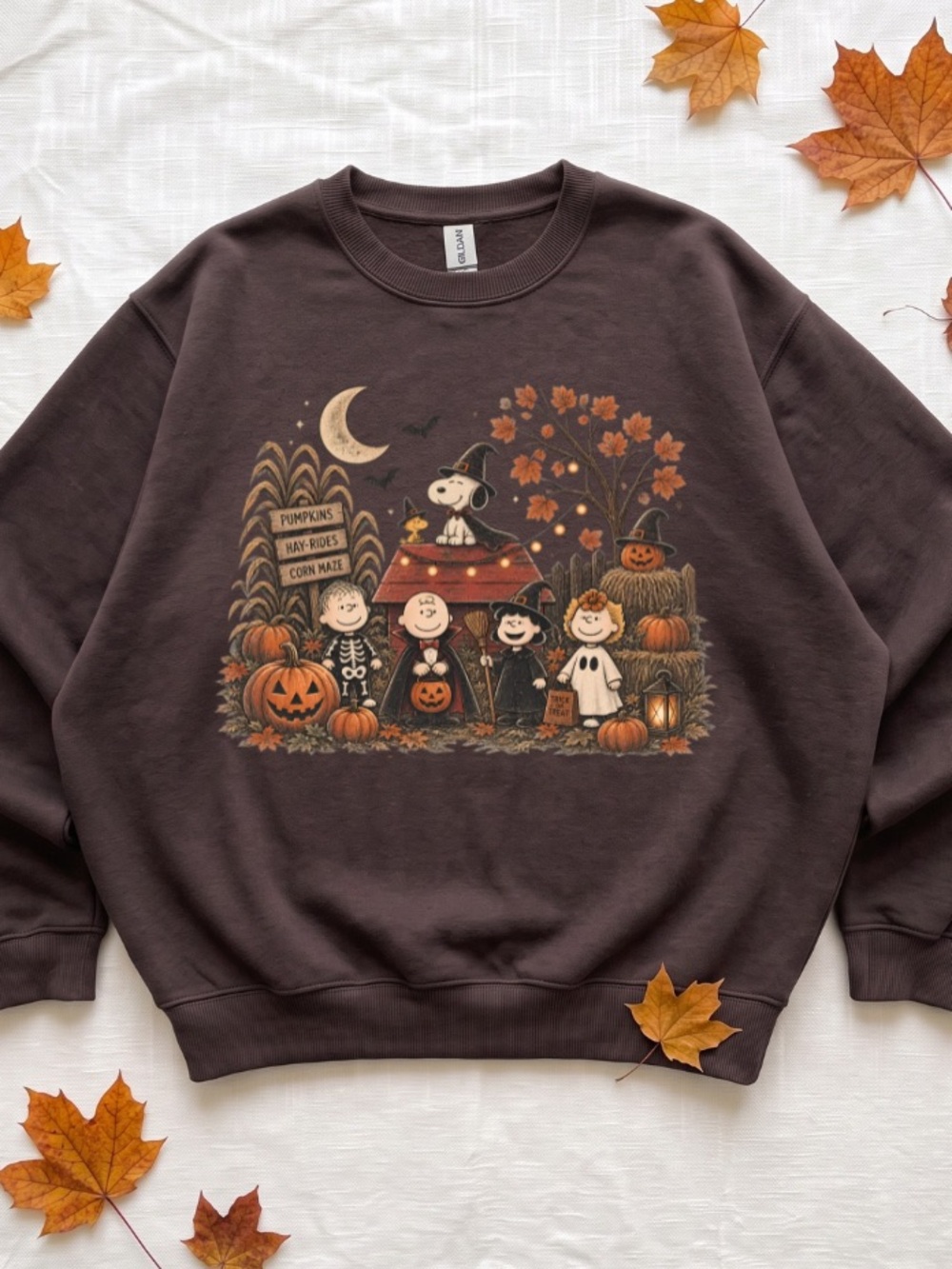 Gildan Brown Halloween Cartoon Friends Sweatshirt, Cute Fall Pumkin Shirt